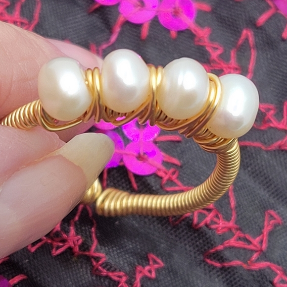 Gold Wire Wrapped Real Pearl Ring